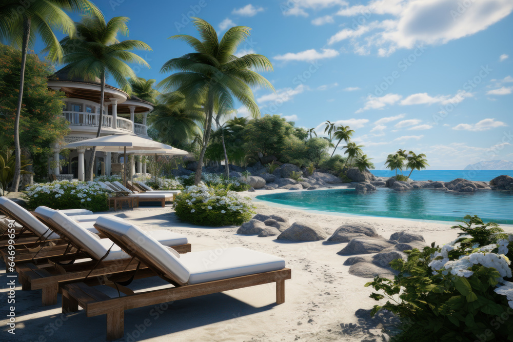 Fototapeta premium A resort pool overlooks a pristine beach, inviting guests to unwind and bask in the lavishness of seaside living. Generative Ai.