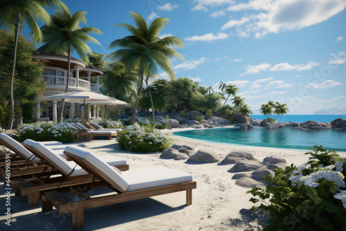 A resort pool overlooks a pristine beach  inviting guests to unwind and bask in the lavishness of seaside living. Generative Ai.