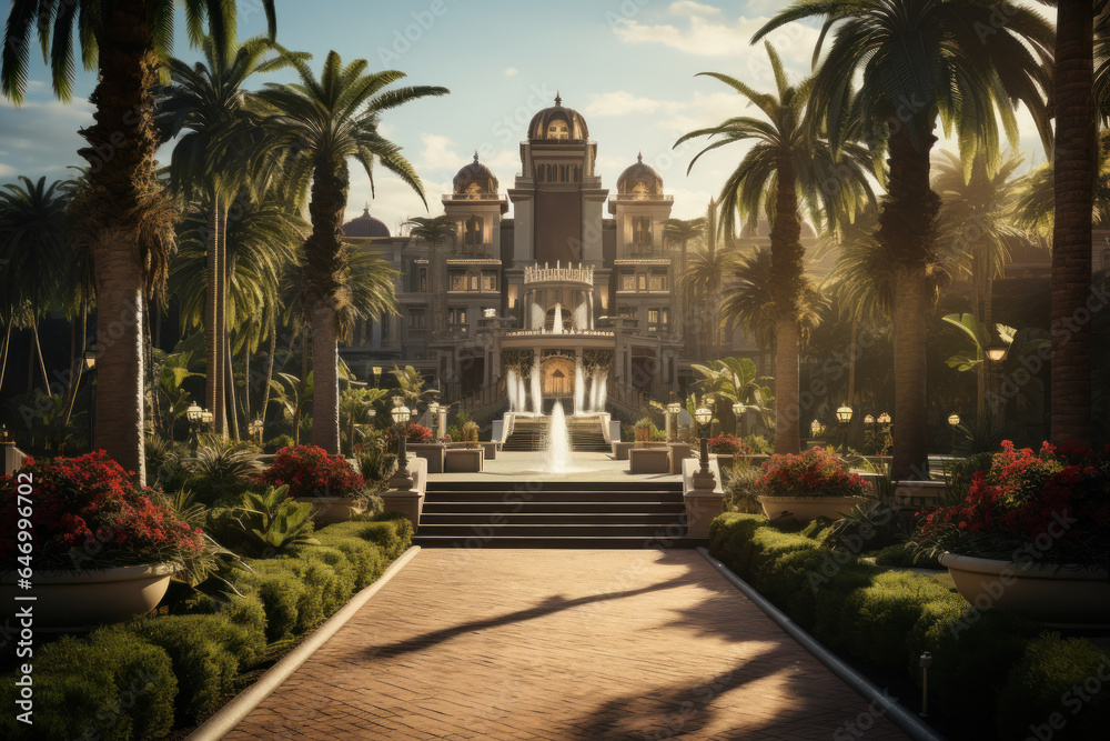 A resort's grand entrance welcomes guests with opulent architecture and lush landscaping, setting the tone for an unforgettable stay. Generative Ai. A resort's grand entrance welcomes guests with opulent architecture and lush landscaping, setting the tone for an unforgettable stay. Generative Ai.