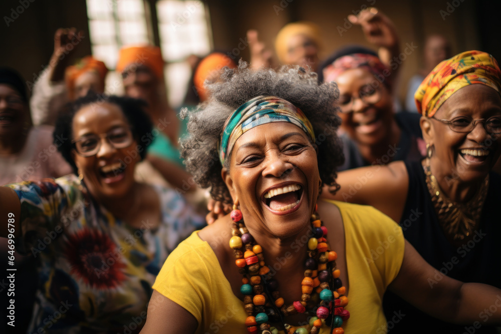 A group of seniors participates in a dance class at a recreation center, forming connections and finding joy in a welcoming third space. Generative Ai.