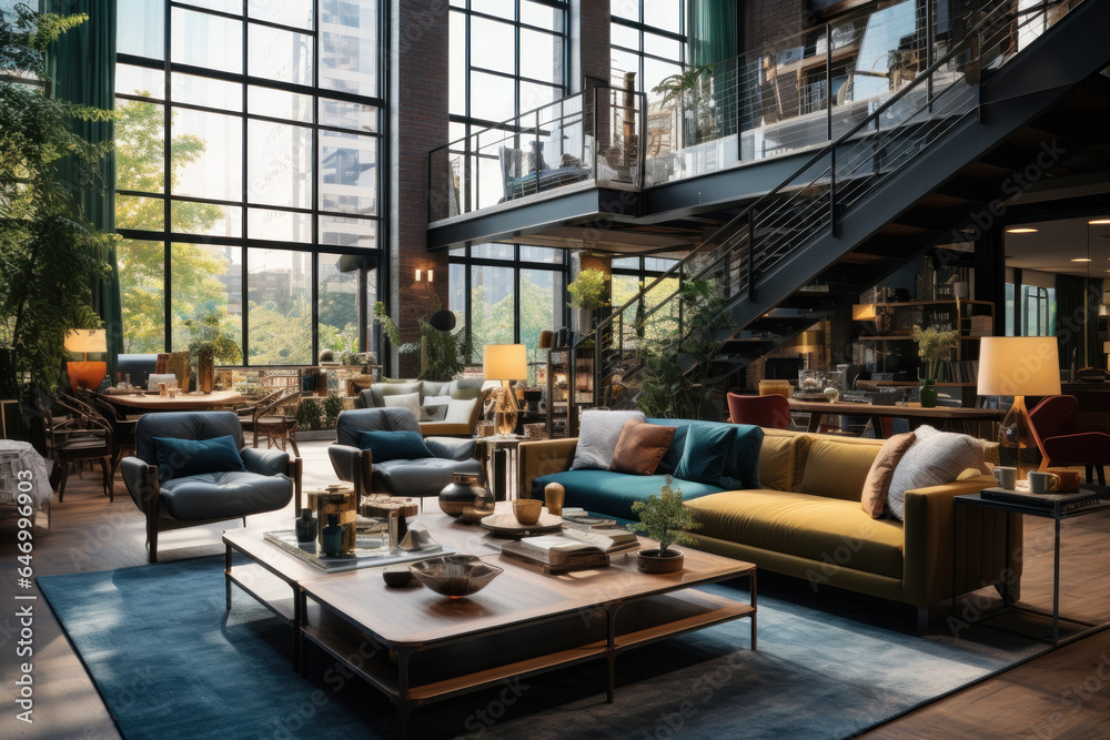 A person showcases the interior design of their co-owned urban loft, illustrating the personalized touches and creative ownership in co-buying. Generative Ai. A person showcases the interior design of their co-owned urban loft, illustrating the personalized touches and creative ownership in co-buying. Generative Ai.