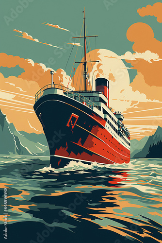 Canvas Print Duotone basic pop art vintage style travel poster of a cruise ship