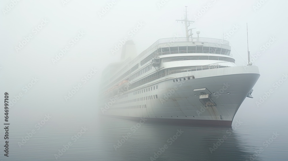 A cruise ship in the ocean shrouded in thick morning fog. Tourist travel concept. Painting of a liner on sea waves. Digital art. Illustration for cover, card, postcard, interior design, decor or print