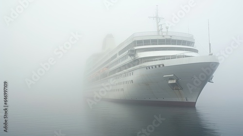 A cruise ship in the ocean shrouded in thick morning fog. Tourist travel concept. Painting of a liner on sea waves. Digital art. Illustration for cover  card  postcard  interior design  decor or print