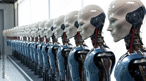 Wallpaper Mural A large warehouse stock of robots in production with a selective focus on one cyborg. Robotic army of the future. Artificial intelligence. Science fiction. Illustration in technological style. Torontodigital.ca