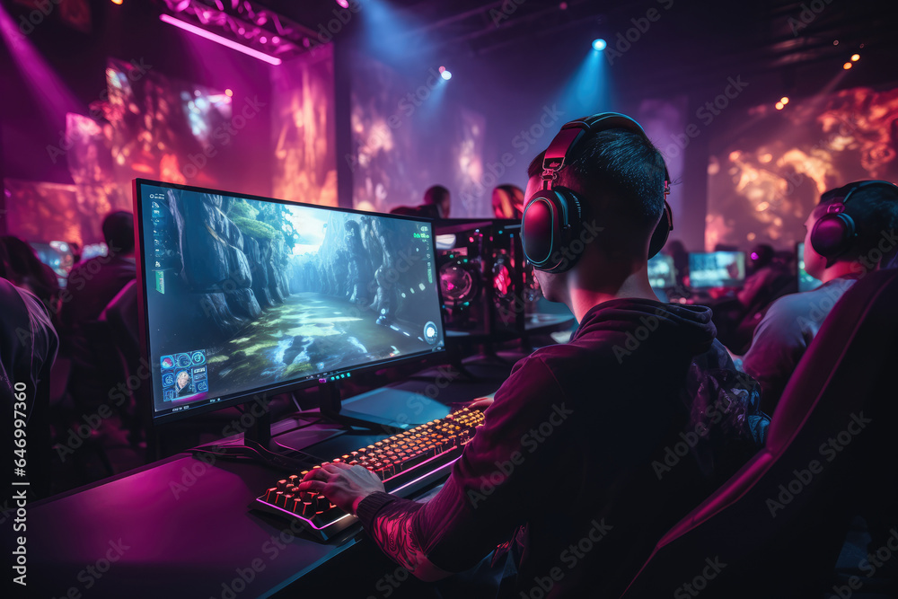 Gamers participating in an esports tournament from the comfort of their own homes. Generative Ai.