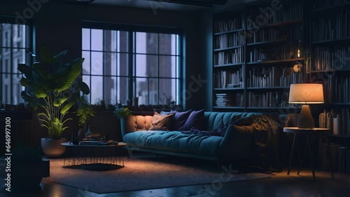 animated virtual backgrounds wallpaper, stream overlay loop, cozy lo-fi living room, night sky behind the window, vtuber asset twitch zoom OBS screen, anime chill hip hop
