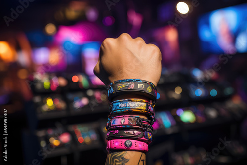 A close-up of a person's hand showcasing a collection of esports-themed wristbands and accessories. Generative Ai.