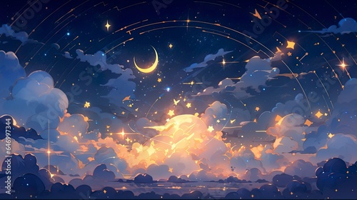Cute cartoon background with clouds stars and moon