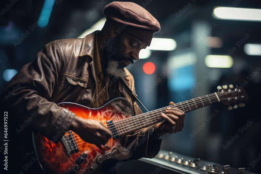 Obraz premium A close-up of a person's hand playing a musical instrument in a subway station, adding art to urban spaces. Generative Ai.