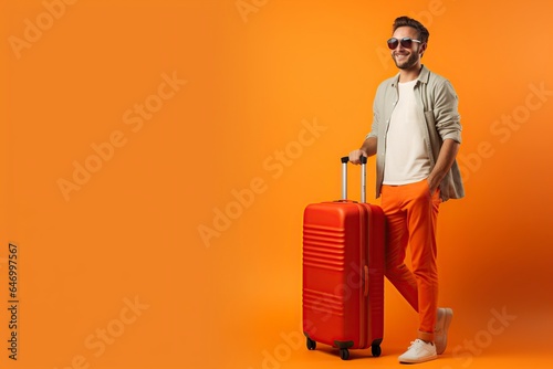 happy male traveler wears summer casual clothes and holds her suitcase