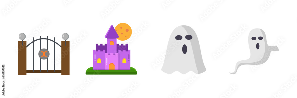 Set kartun vektor Halloween. Koleksi ikon lucu dan menakutkan dengan gerbang, kastil,and ghost. Ilustrasi desain gaya datar yang terisolasi.