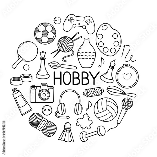 Hobbies and free time doodle set.  drawing, sewing, knitting, cooking, reading, sports, needlework, music in sketch style. Hand drawn vector illustration isolated on white background