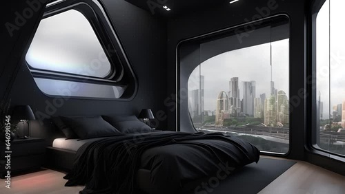 animated virtual backgrounds, stream overlay loop, interior, cozy futuristic living room, rain behind the window, vtuber asset twitch zoom OBS screen, chill anime lo-fi hip hop video bg