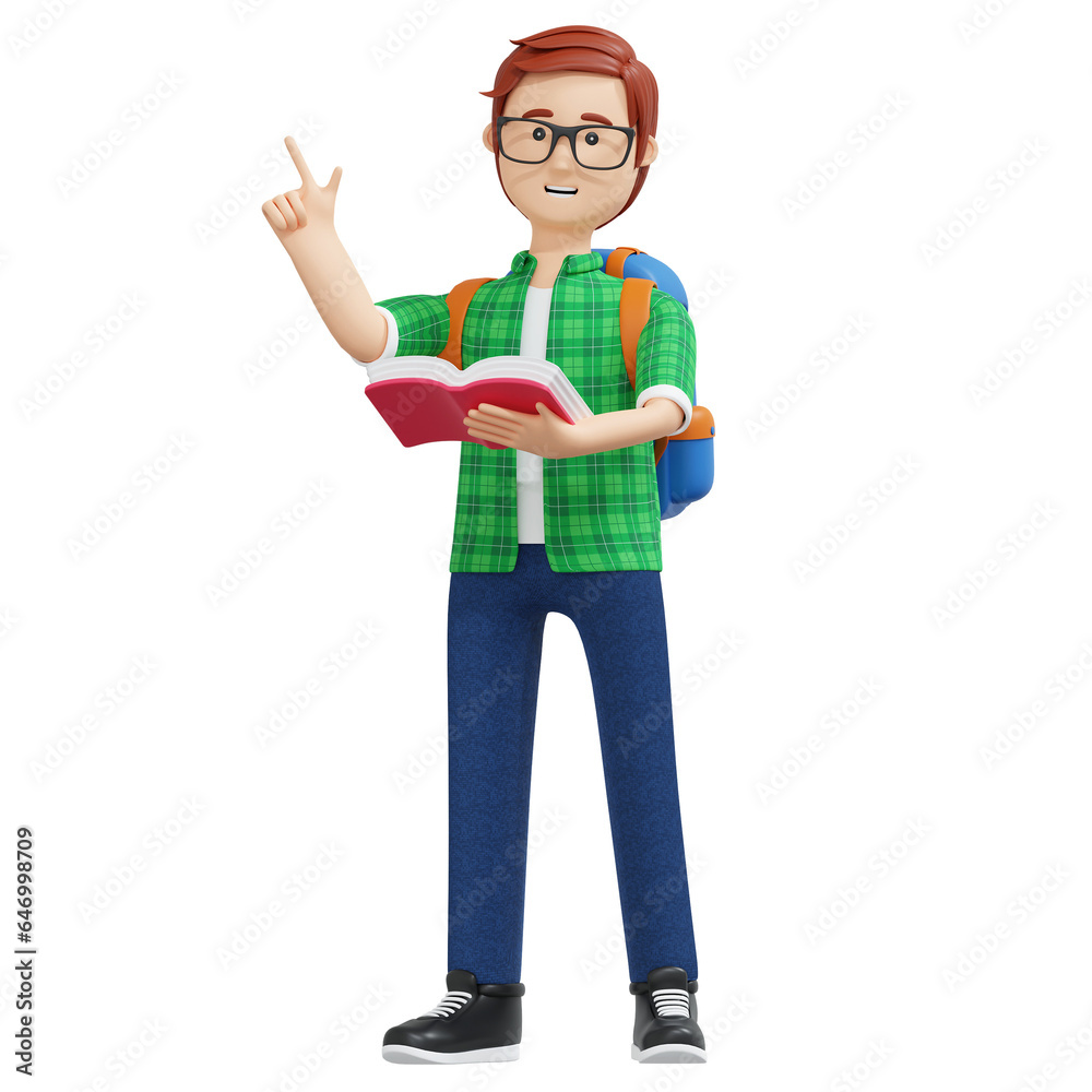 college boy holding book while standing 3d cartoon illustration