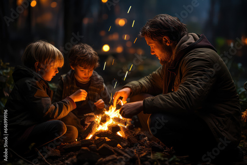 A family sitting around a campfire, roasting marshmallows and telling stories under a starry sky. Generative AI.