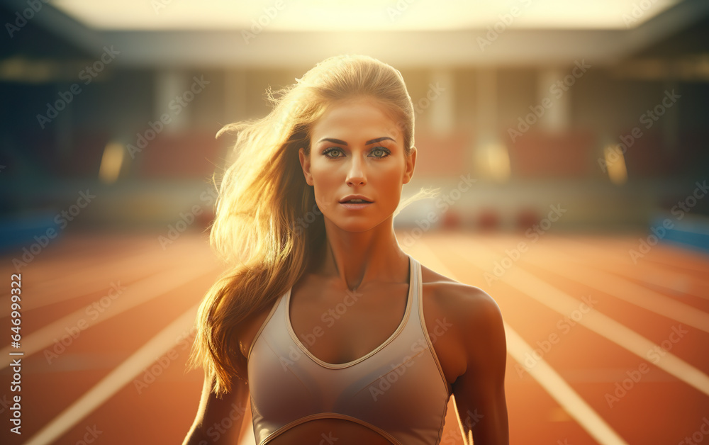 Portrait of a sprinter in action on a silent sports track. Image of athleticism and focus. Sprinter woman ready to explode into motion.