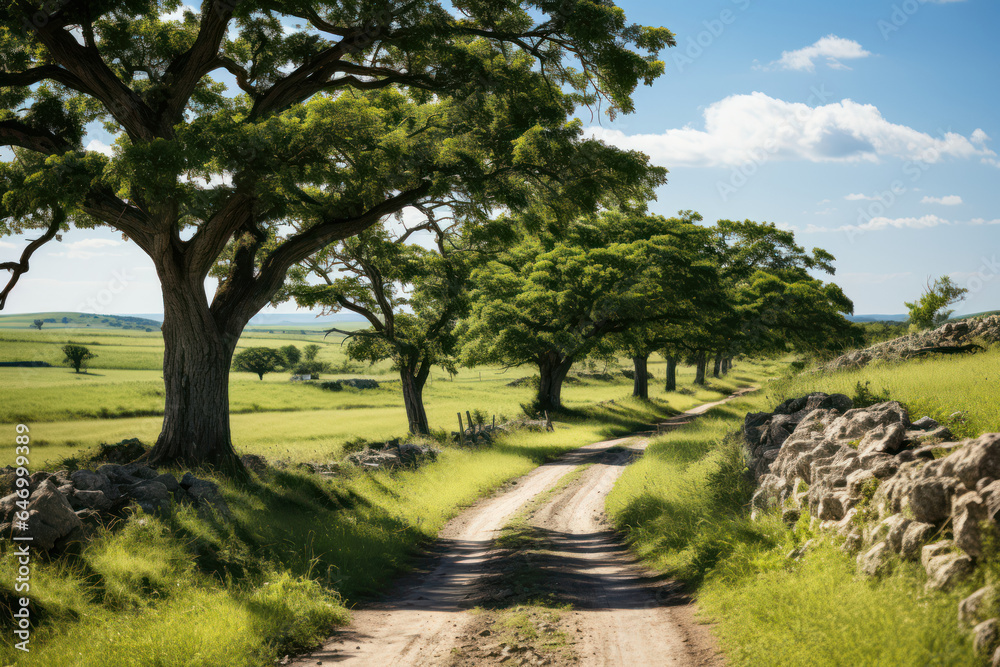 A serene country road lined with trees, leading towards a distant horizon. Generative AI. A serene country road lined with trees, leading towards a distant horizon. Generative AI.