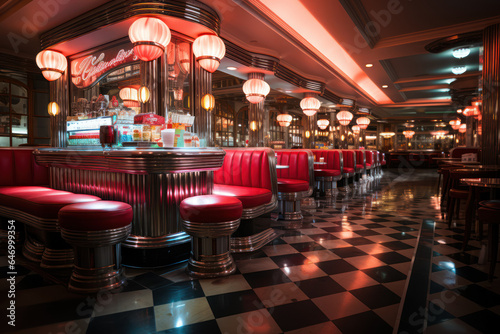 A retro-style diner with checkered floors  vinyl booths  and a neon sign outside. Generative AI.