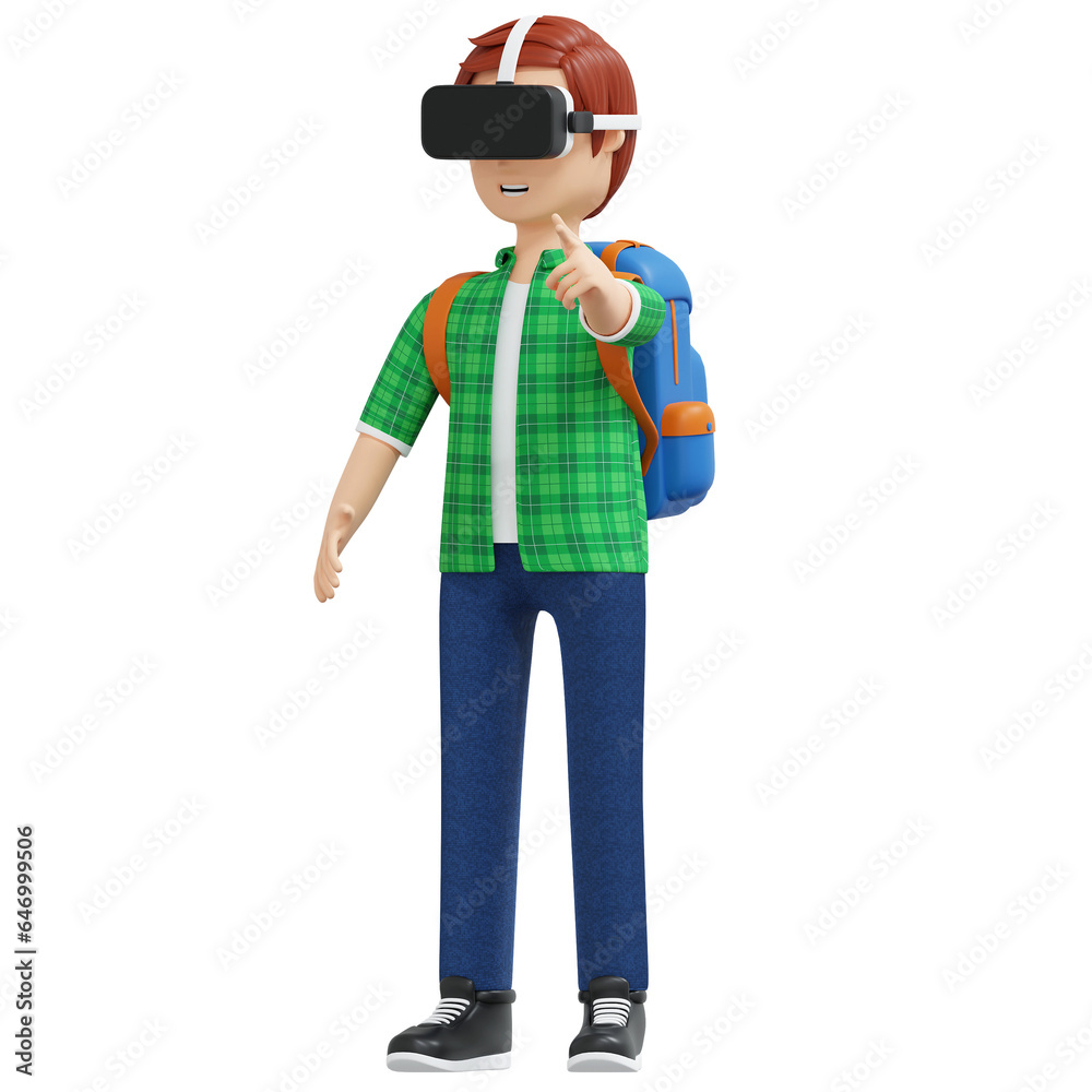 college boy using virtual reality headset 3d cartoon illustration college boy using virtual reality headset 3d cartoon illustration