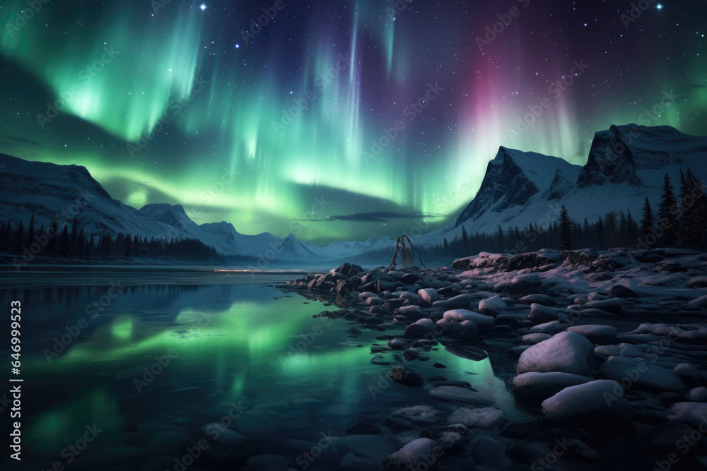 The breathtaking colors of the aurora borealis dancing in the polar sky. Generative Ai.