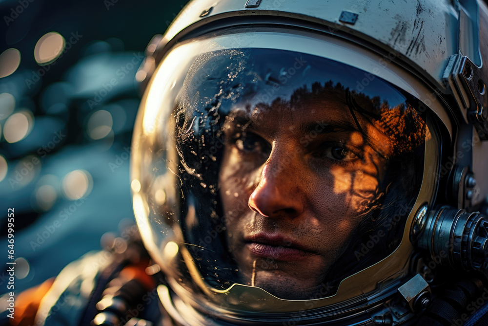 An astronaut's helmet reflecting the vastness of space during a spacewalk. Generative Ai.