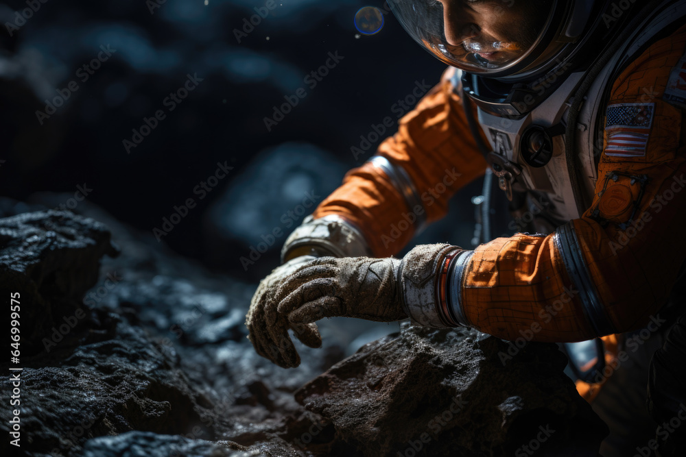 Obraz premium A close-up of an astronaut's gloved hand manipulating equipment on the moon's surface. Generative Ai.