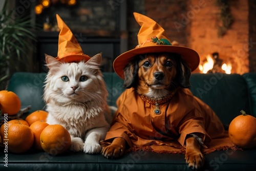 A cute dachshund dressed as a witch on the pumpkin-colored sofa with a cute kitten for Halloween
