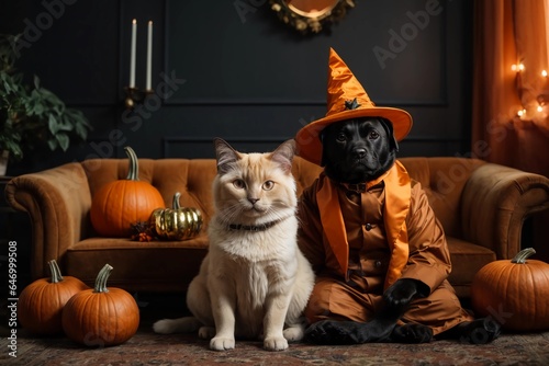 Cute dog and cat with violet witch hat posing on violet sofa ready for halloween party