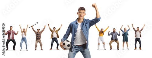 Male teenager with a football and group of people cheering in the back