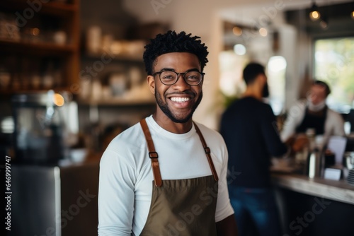 portrait of smiling young black man waiter working in a coffee shop