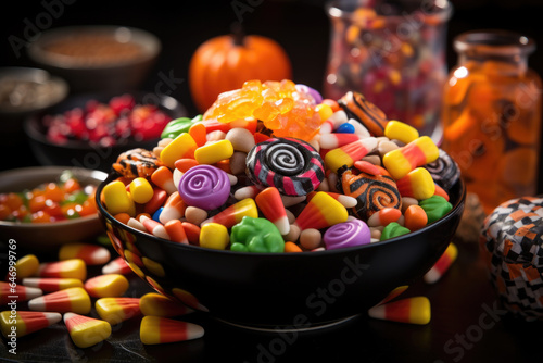 A close-up of colorful Halloween candies and treats in a festive bowl. Generative Ai.