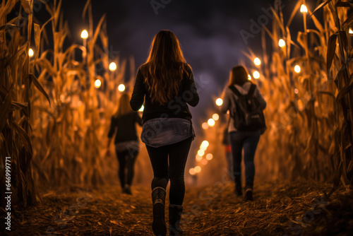 Friends enjoying a hayride through a haunted corn maze on a chilly evening. Generative Ai. photo