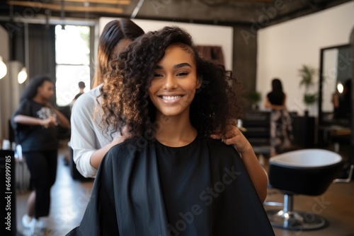 young beautiful black woman in hairdressing salon