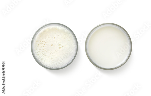 Milk in a glass. Top view. Isolated PNG transparent