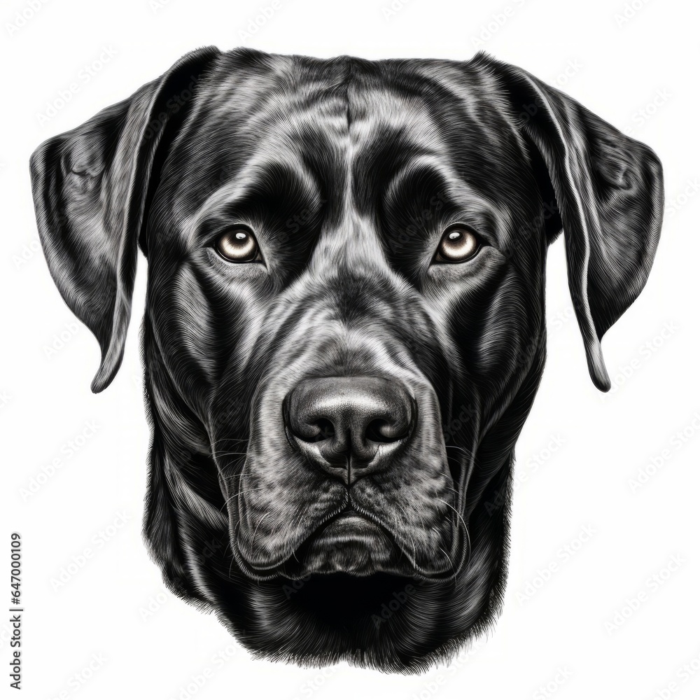 A realistic black dog portrait in a detailed pencil drawing A realistic black dog portrait in a detailed pencil drawing