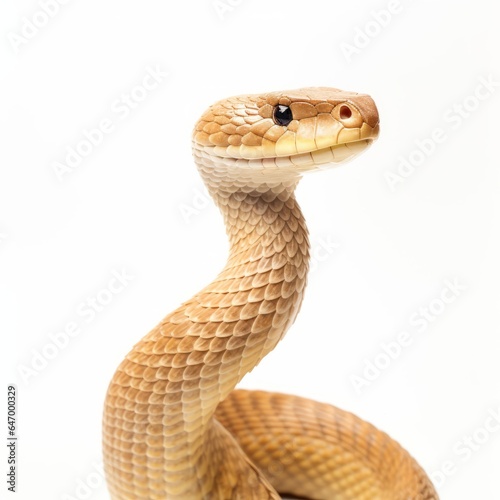 A close-up of a snake against a white background