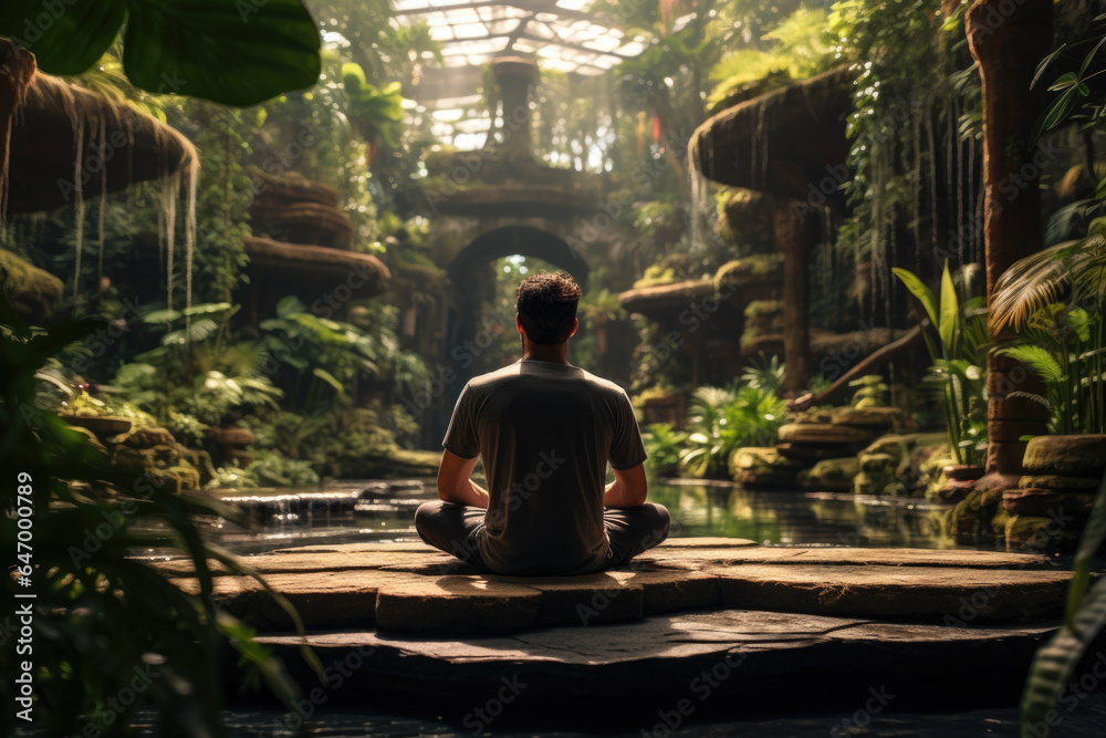 A person performing a peaceful seated meditation pose in a lush garden. Generative Ai. A person performing a peaceful seated meditation pose in a lush garden. Generative Ai.