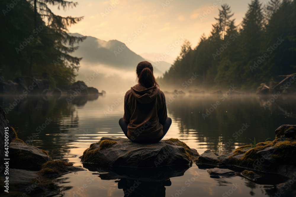 A person meditating by a tranquil lake, reflecting the beauty of the natural world. Generative Ai.