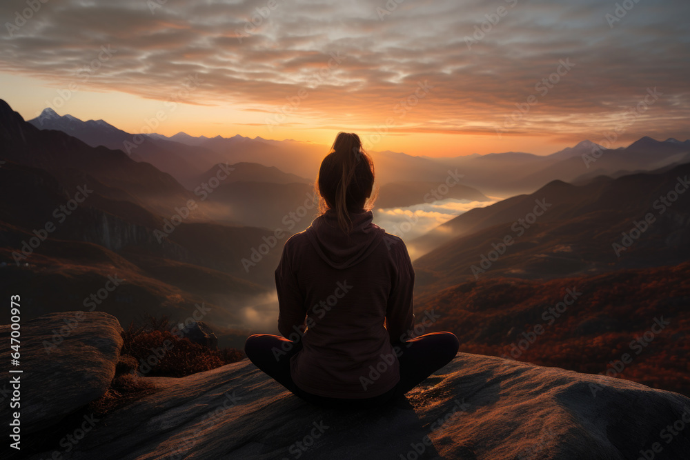 A person practicing yoga on a serene mountaintop at sunrise, embracing mindfulness. Generative Ai.