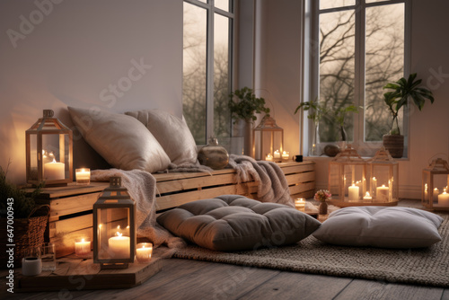 A serene meditation room with soft candlelight and comfortable cushions for mindfulness. Generative Ai.