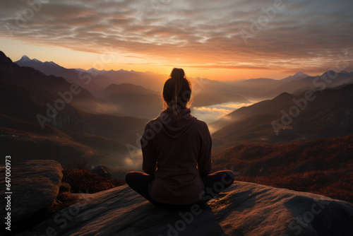 A person practicing yoga on a serene mountaintop at sunrise, embracing mindfulness. Generative Ai. © Sebastian