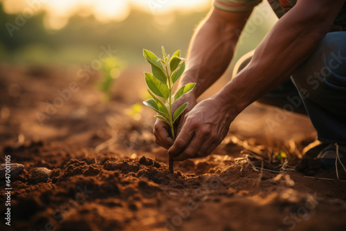 A close-up of a farmer's hand planting a young sapling, emphasizing reforestation efforts. Generative Ai.