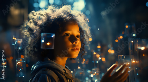 double exposure, concept of children of the future, visualization of the development of wireless technologies and the Internet information field of the new generation