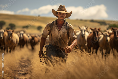 A farmer rotating livestock through pastureland, preventing overgrazing and land degradation. Generative Ai.