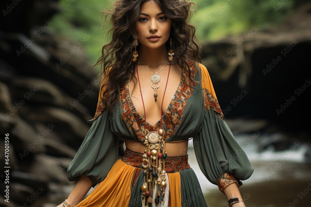 Bohemian Vibes. Person donning a flowing dress and accessories with bohemian flair, capturing the free-spirited style. Generative Ai.