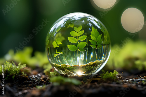 green plants in a glass ball, environmental protection, environmental education, concern for the conservation of natural resources, the concept of the fragility of nature