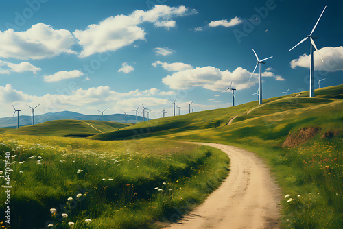 steppe landscape with road and wind farms