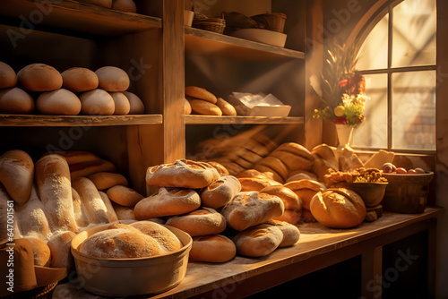 fresh aromatic baked goods on the shelves of a cozy sunny bakery photo