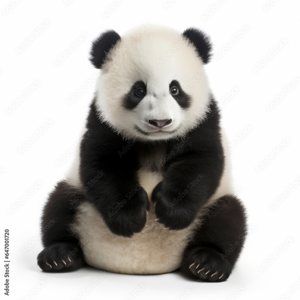 A panda bear sitting on its hind legs in black and white